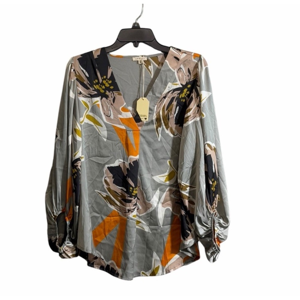 Jodifl Small Satin Floral Print Blouse V-Neck Bubble Sleeve Orange Gray NWT